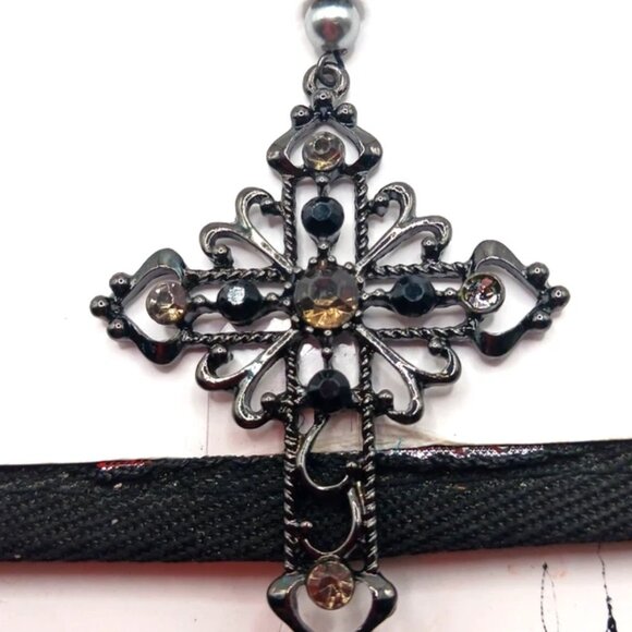 Black Metal Cross On Black Beaded Chain Necklace 20" - Picture 6 of 6